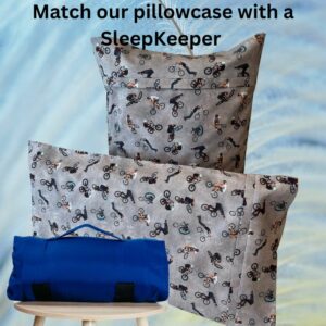 A bike rider printed pillow case matched with a Navy SleepKeeper